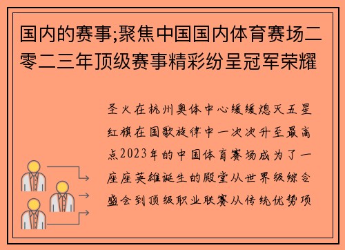 国内的赛事;聚焦中国国内体育赛场二零二三年顶级赛事精彩纷呈冠军荣耀时刻